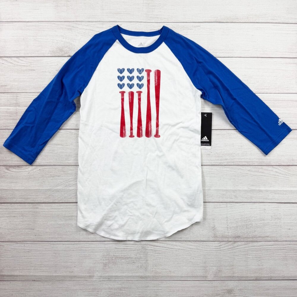 Adidas Patriotic Baseball Tee Girl’s 3/4 Sleeve USA Flag Shirt NWT L 12-14 - Picture 1 of 4